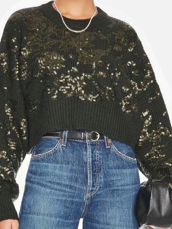 rag & bone Sweaters - rag & bone Liza Sequin Detail Wool Oversized Cropped Sweater Green & Gold NWT